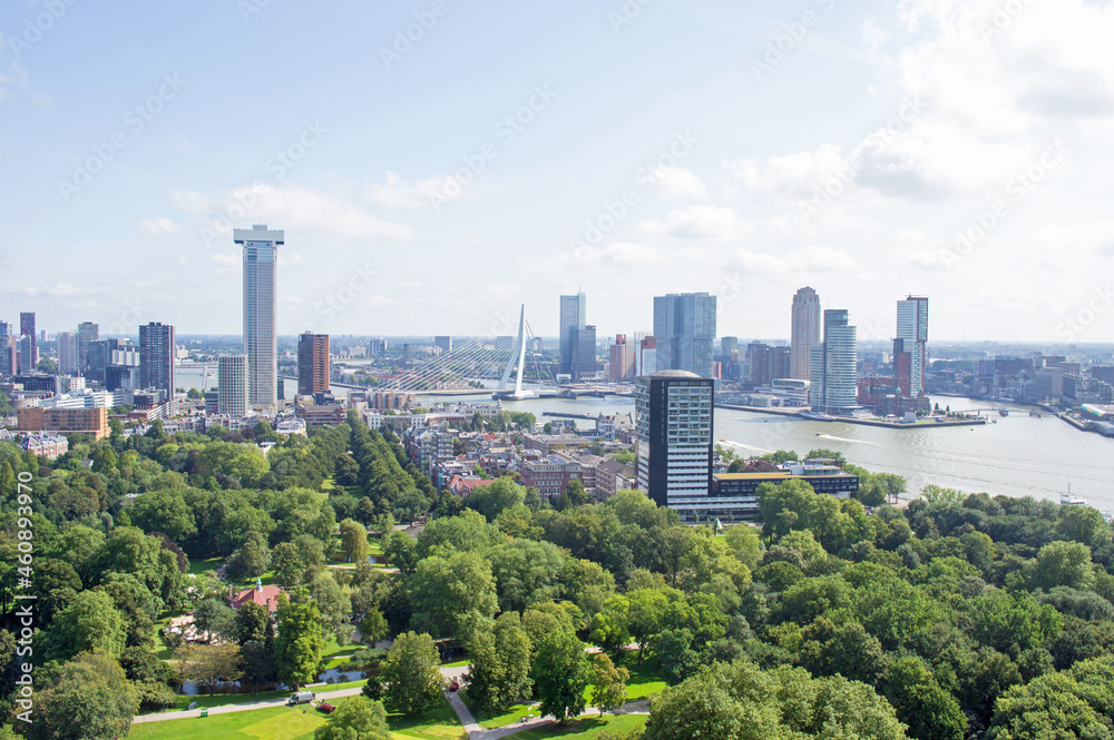 Obraz premium Aerial view of the Rotterdam skyline with a city park in the foreground in the Netherlands