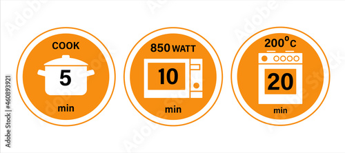 Pot, microwave and oven cooking instruction symbols. 5,10,20 minutes. Vector illustration, flat style for packaging and instructions