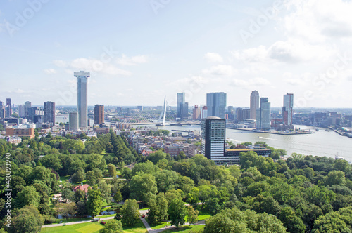 Aerial view of the Rotterdam skyline with a city park in the foreground in the Netherlands