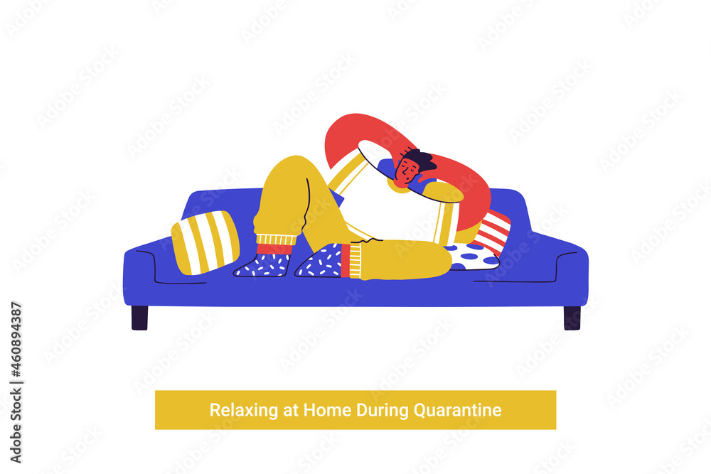 Boy relaxing on the sofa surrounded by pillows. Self-isolation concept. A young man reclining on the couch during Covid. Self-isolate from a pandemic. Unwind at home during Quarantine. Vector Boy relaxing on the sofa surrounded by pillows. Self-isolation concept. A young man reclining on the couch during Covid. Self-isolate from a pandemic. Unwind at home during Quarantine. Vector