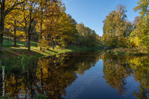 Latvia, Smiltene, Old park surrounded by autumn colors
