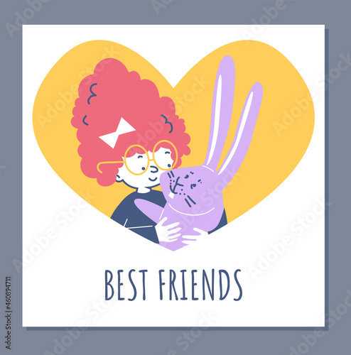 Banner in shape of heart with child and pet, flat vector illustration isolated.