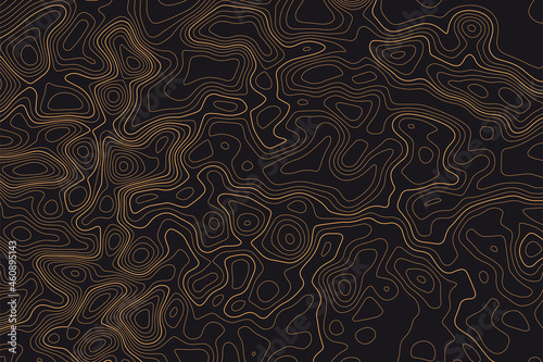 Topographic line map pattern. Contour elevation topographic and textured Background of geographic grid for hiking and mountain sports. Orange on black. Vector illustration