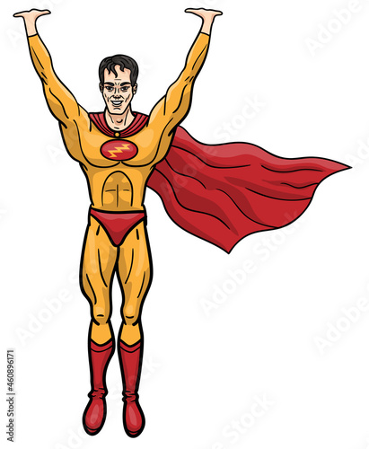 A strong young man in a superhero costume holds a weight over himself.