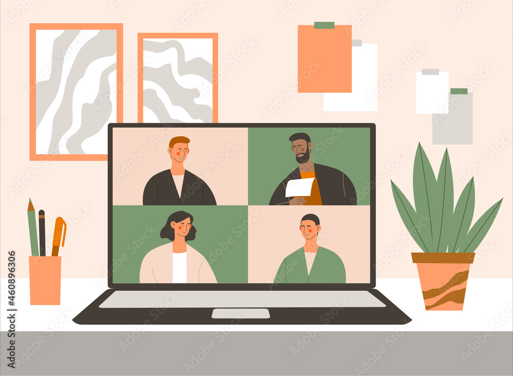 Video conference online. Selfisolation, quarantine. Calling on laptop, communicating with colleagues. Remote meeting of directors of company. People talking by internet. Flat vector illustration Video conference online. Selfisolation, quarantine. Calling on laptop, communicating with colleagues. Remote meeting of directors of company. People talking by internet. Flat vector illustration