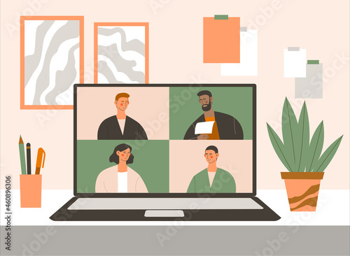 Video conference online. Selfisolation, quarantine. Calling on laptop, communicating with colleagues. Remote meeting of directors of company. People talking by internet. Flat vector illustration photo