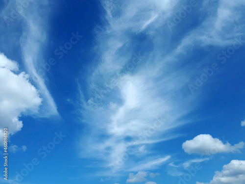 Blue sky with fluffy white clouds, can be used as background