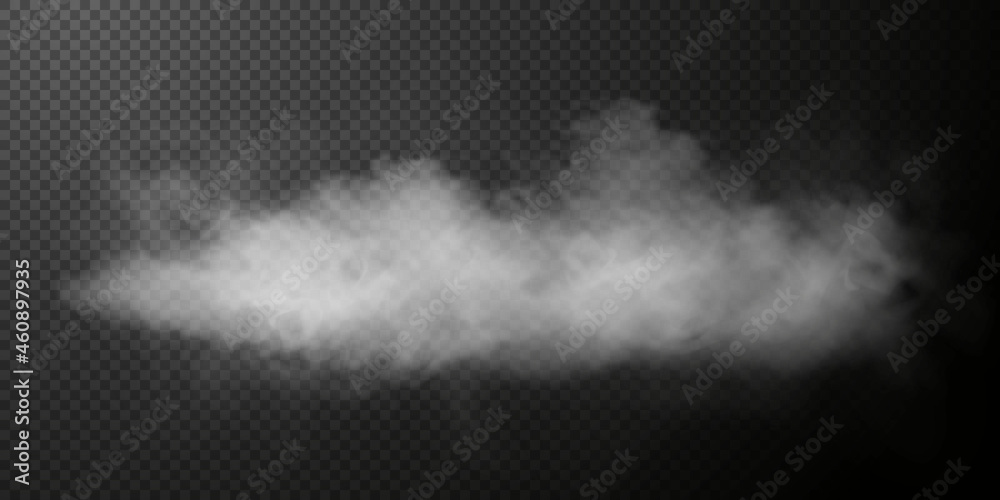 White smoke puff isolated on transparent black background. PNG. Steam explosion special effect. Effective texture of steam, fog, smoke png. Vector illustration
