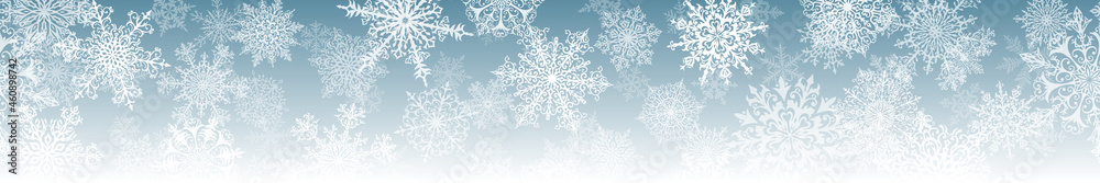 Christmas horizontal banner of big and small complex snowflakes with seamless horizontal repetition, in light blue colors. Winter background with falling snow Christmas horizontal banner of big and small complex snowflakes with seamless horizontal repetition, in light blue colors. Winter background with falling snow