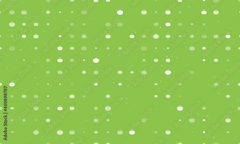 Seamless background pattern of evenly spaced white pumpkin symbols of different sizes and opacity. Vector illustration on light green background with stars