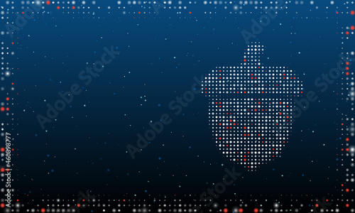 On the right is the acorn symbol filled with white dots. Pointillism style. Abstract futuristic frame of dots and circles. Some dots is red. Vector illustration on blue background with stars