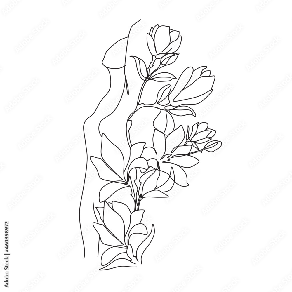 Abstract nude figure of a woman with lavender flowers vector line drawing.Fine One Line Vector Art Drawing, Modern GalleryWall, Abstract Wall Art Print Set, Woman Silhouette Botanical theme for print