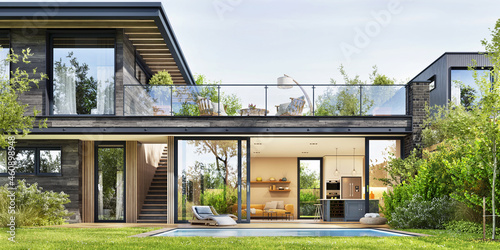 Modern house exterior design. Open plan living room with beautiful kitchen. Cozy patio area with swimming pool
