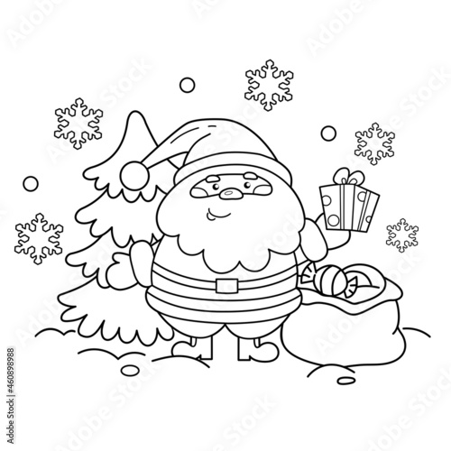 Coloring Page Outline Of Santa Claus with gifts bag and Christmas tree. New year. Christmas. Coloring book for kids