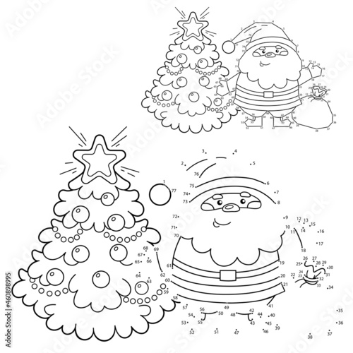 Puzzle Game for kids: numbers game. Coloring Page Outline of Santa Claus with Christmas tree. New year. Christmas. Coloring Book for children.