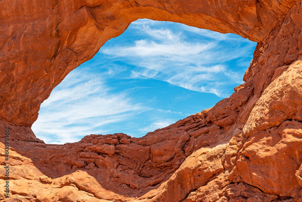 Abstract window and natural arch rock formation with copy space, Arches national park, Utah, United States of America (USA).