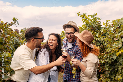 Group of four friends smile in vineyard with glasses on hands and grapes