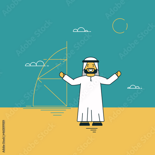 Arab stands on the background of the Burj Al Arab hotel in Dubai welcoming tourists 