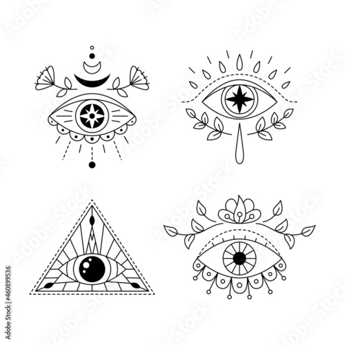 Line art mystic eye tattoo set. Providence sight. Geometric mystical evil symbol, all seeing eye