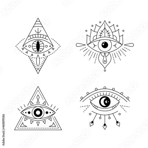 Line art mystic eye tattoo set. Providence sight. Geometric mystical evil symbol, all seeing eye