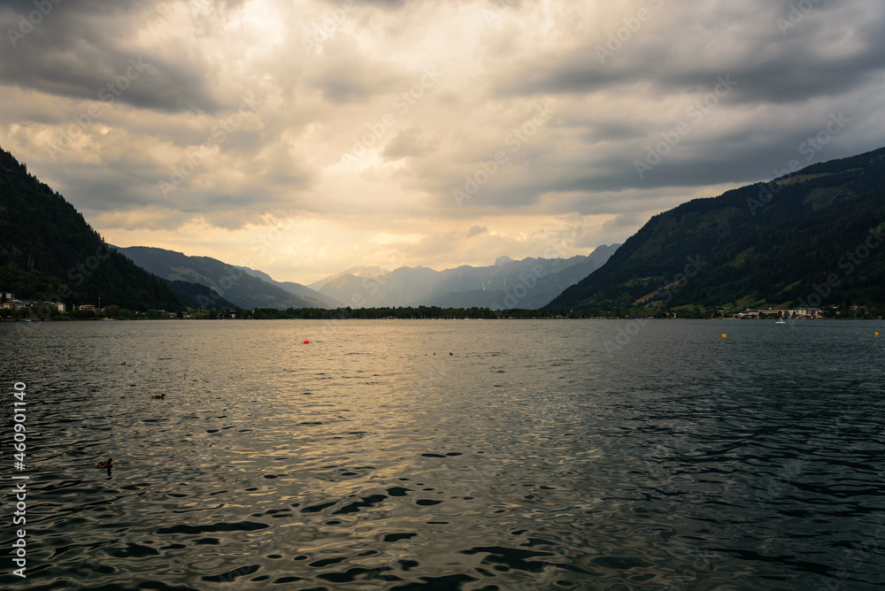 Beautiful lake Zell on a cloudy summer day at sunset, Zell am See, Salzburg, Austria