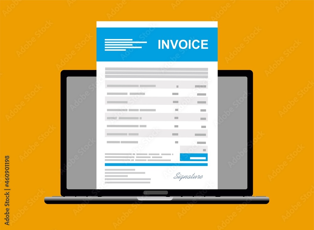 Online digital invoice laptop or notebook with bills, flat design illustration. Online digital invoice laptop or notebook with bills, flat design illustration.