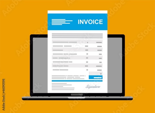 Online digital invoice laptop or notebook with bills, flat design illustration.