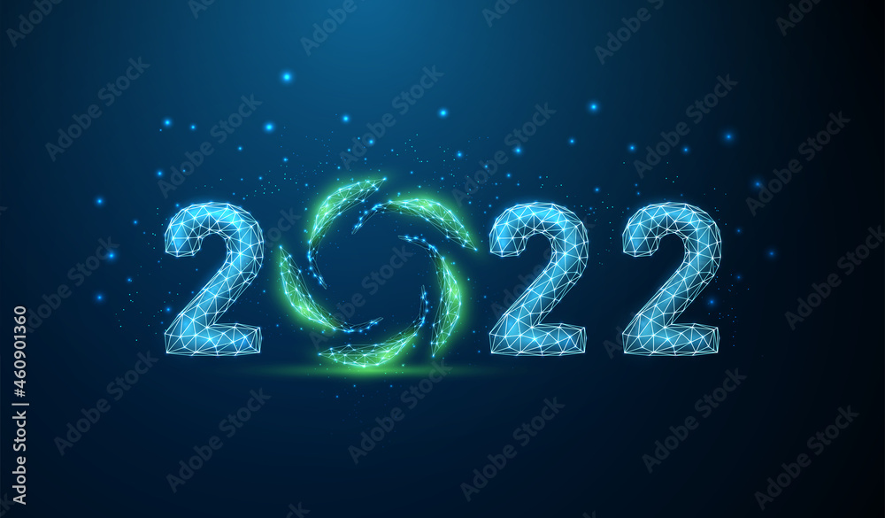 Abstract Happy 2022 New Year greeting card with green leafs in circle Abstract Happy 2022 New Year greeting card with green leafs in circle