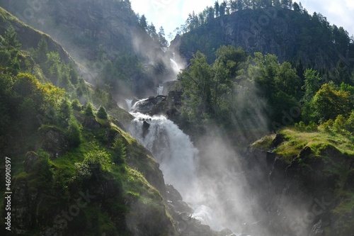 A beautiful landscape with the Latefossen Waterfall and Espelandsfossen Waterfall in Norway