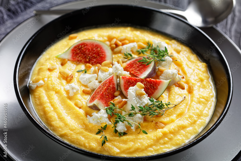 Pumpkin cream soup with thyme with feta and figs Pumpkin cream soup with thyme with feta and figs