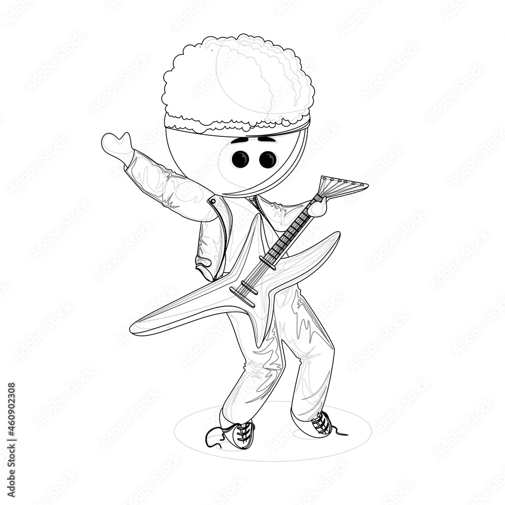 Vector image of a stylized man with an electric guitar in a leather jacket. Outline. EPS 10