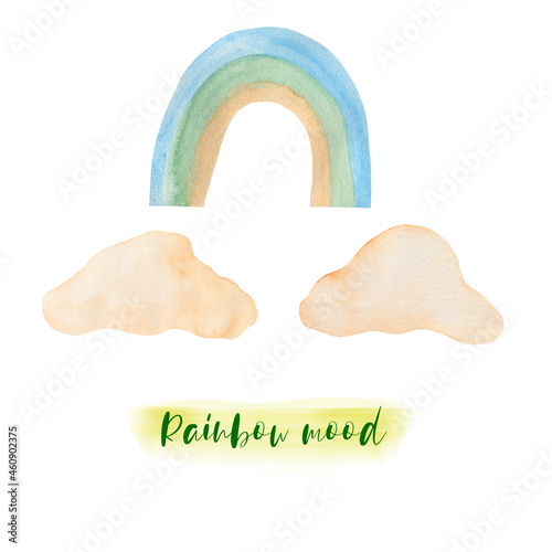 Watercolor illustration of a set of clouds and rainbow multicolored. Hand-drawn and suitable for all types of design and printing.
