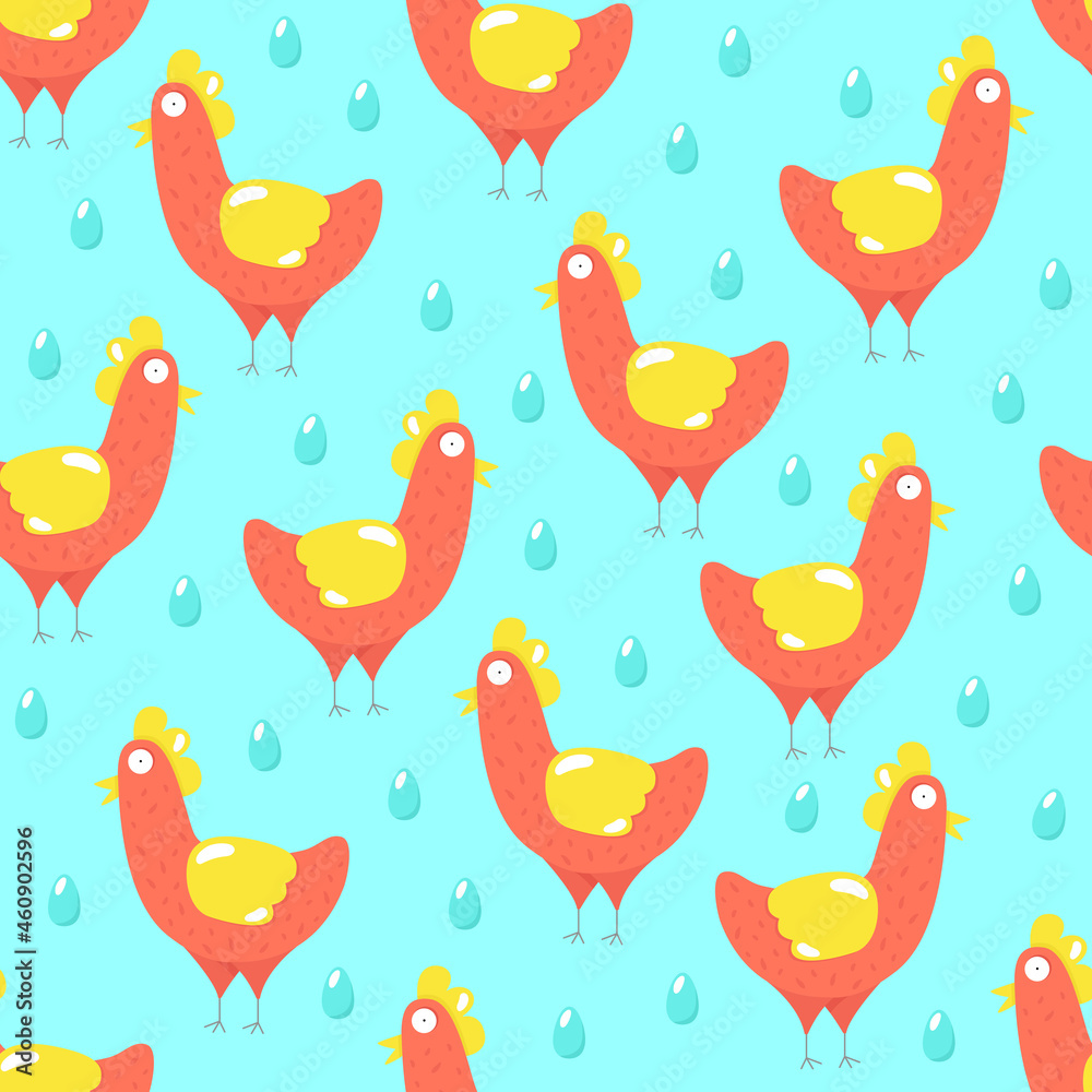 Seamless pattern with chicken and egg. A cute chicken with big eyes. Cartoon style. Ykrayaya illustration. The chicken lays eggs. For children's cartoons, games, textiles, and children's products. Seamless pattern with chicken and egg. A cute chicken with big eyes. Cartoon style. Ykrayaya illustration. The chicken lays eggs. For children's cartoons, games, textiles, and children's products.