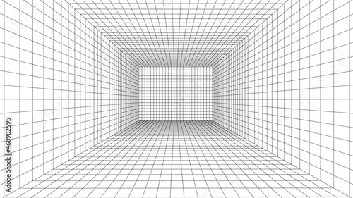 3D wireframe room mesh on white background. Abstract perspective grid. Vector illustration.