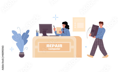 Reception desk at service office with receptionist take orders repair computer