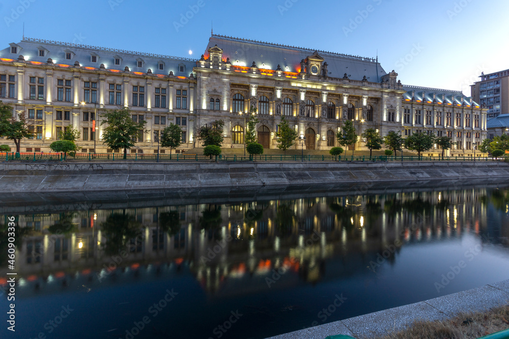 Palace of Justice and Dambovita Riveri n of city of Bucharest, Romania