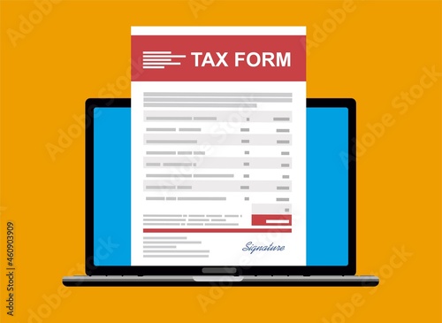 Laptop with online tax form. Online digital invoice laptop or notebook with bills, flat design illustration