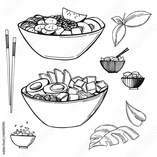 Poke bowls. Vector illustration.
