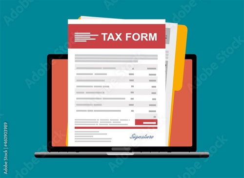 Laptop with online tax form. Online digital invoice laptop or notebook with bills, flat design illustration