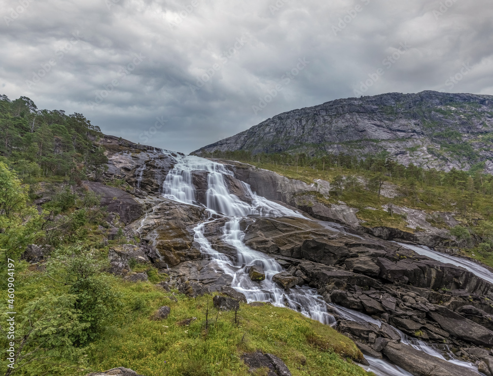 Breathtaking scenery and four majestic waterfalls in Husedalen from Kinsarvik to the Hardangervidda mountain plateau, Norway