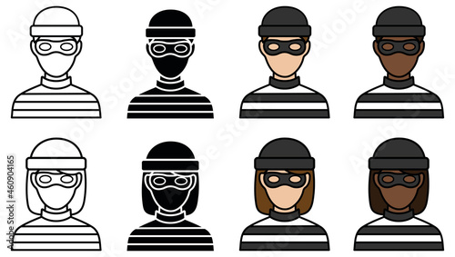 Burglar Avatar Set with Man and Woman - Outline, Silhouette and Color