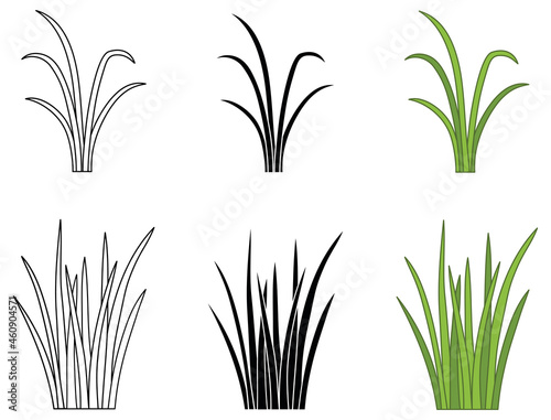 Long Grass Reeds Clipart Set - Outline, Silhouette and Color