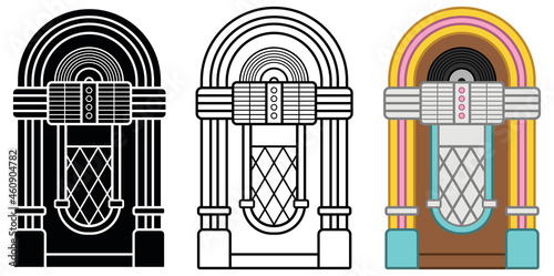 Jukebox Clipart Set - Outline, Silhouette and Colored