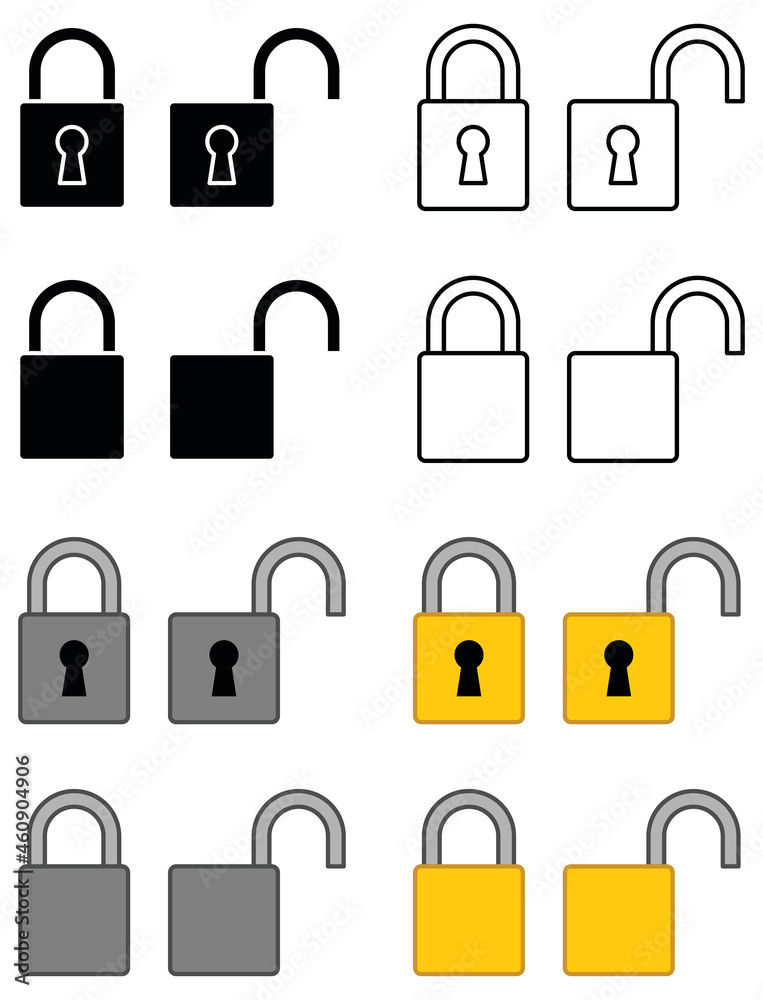 Square Lock Clipart Set - Outline, Silhouette, Silver and Gold