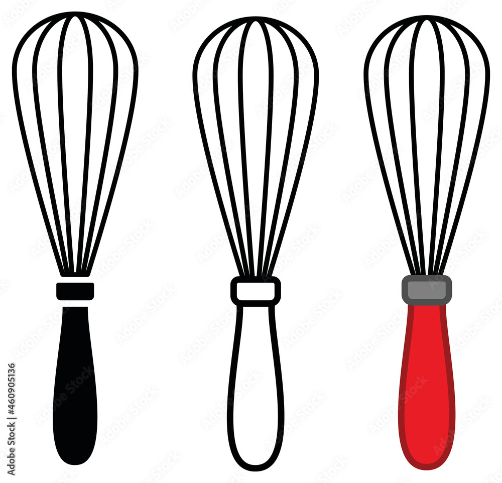 Baking Whisk Clipart Set Outline, Silhouette and Colored Stock Vector