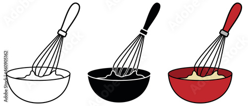 Whisk and Mixing Bowl Clipart Set - Outline, Silhouette and Colored