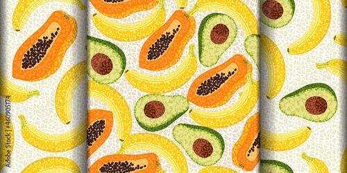 Set of patterns with tropical fruits in mosaic style with small polygonal shapes. Seamless vector patterns with papaya, avocado, banana.
