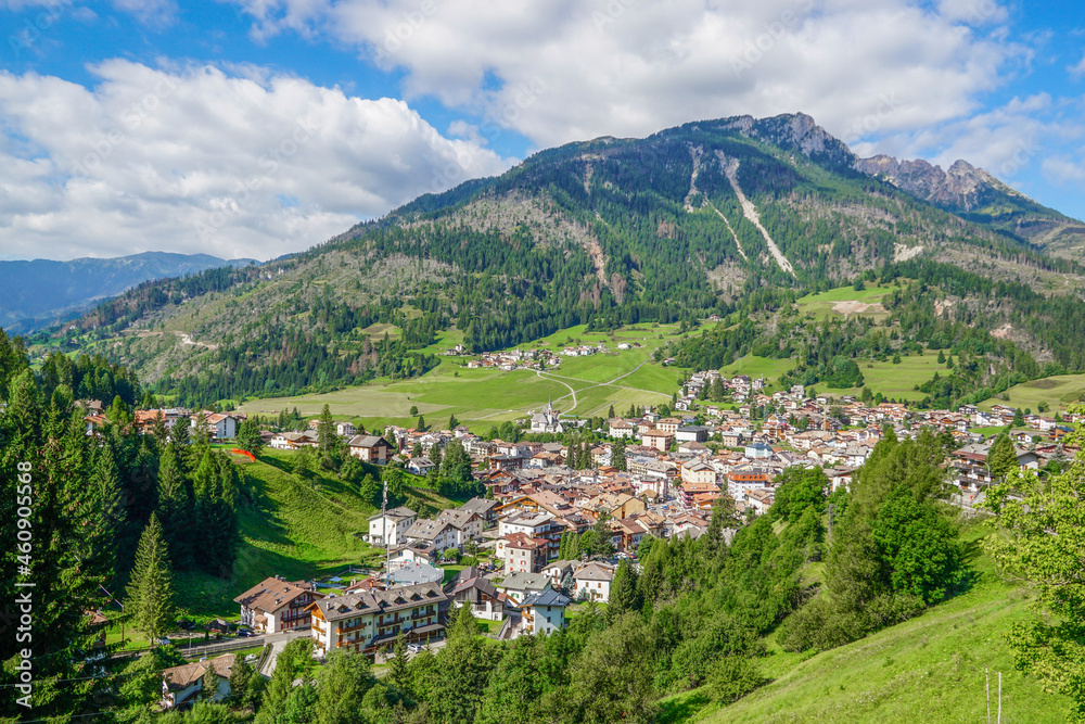 02_Wide panorama of the high mountain resort of Moena,Dolomiti Italy.
