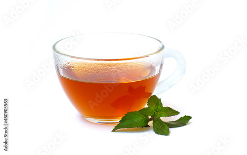 Transparent cup of tea with mint leaf isolated on white background
