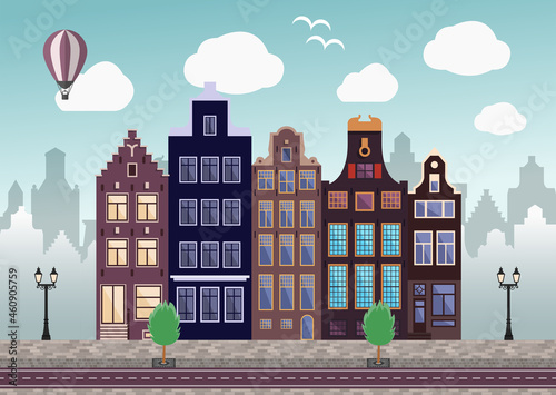 Landscape street in the old city, historic retro houses and buildings in a modern urban environment. Vector illustration in a flat style.